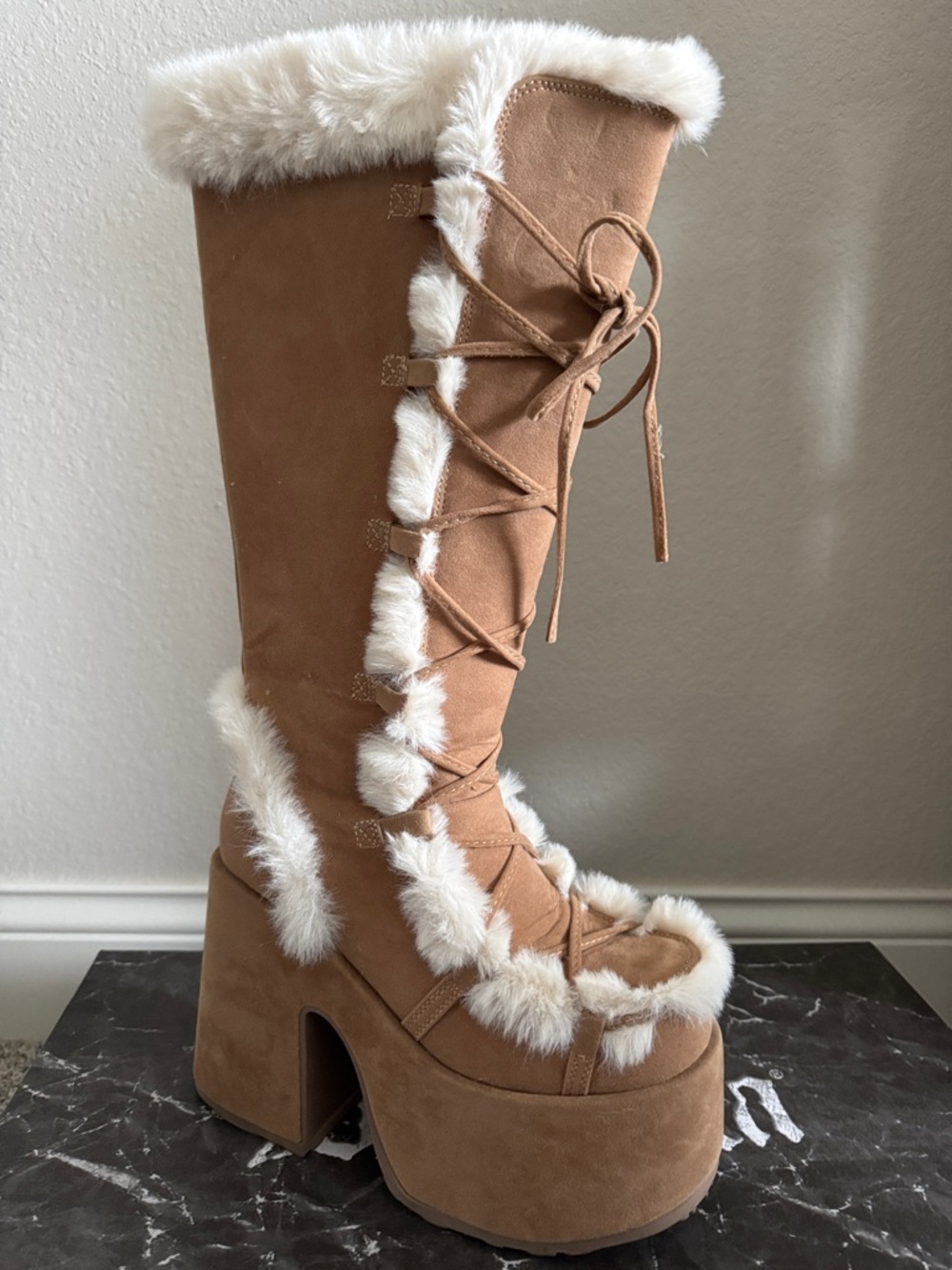 Demonia Tan Faux Suede Platform Knee-High Lace-Up Boots with White Faux Fur